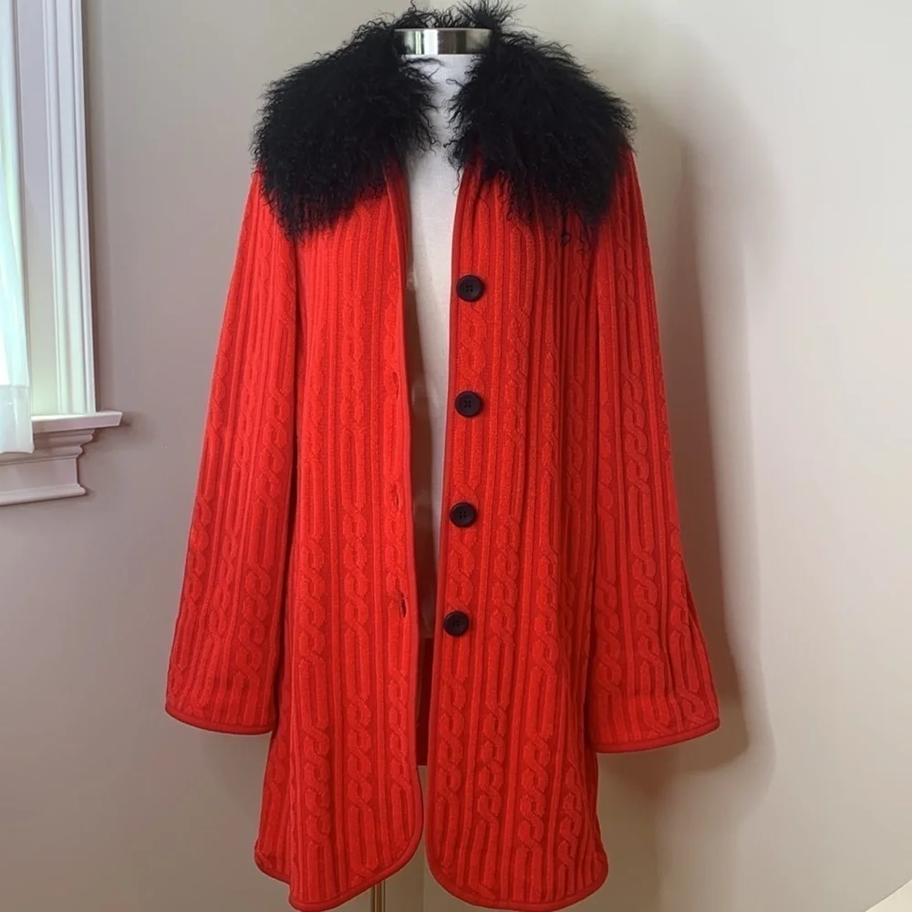 Lola Made in Italy Red Black Cable Knit Fur Collar Duster Cardigan Coat 8 44 - Picture 17 of 17